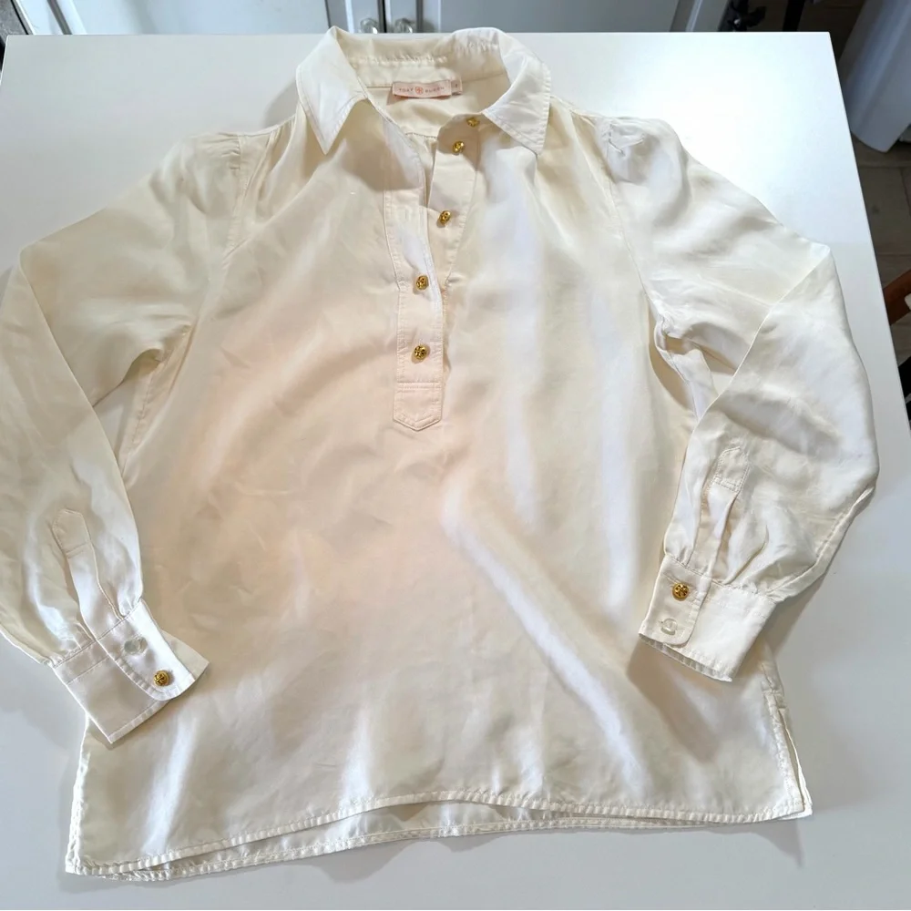 Tory Burch Silk Ivory Tunic Blouse Size 2 Gold Double-T Buttons